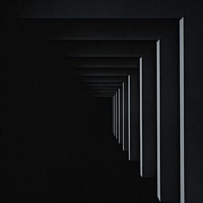 The primary subject of the image is a long, narrow hallway with a black background. The setting is a dark, enclosed space, and the visual style appears to be a black and white photo. The colors and mood of the image are predominantly dark and moody, creating a sense of depth and mystery.